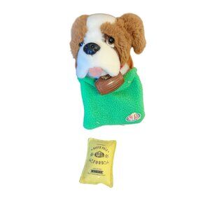 Elf Pets St. Bernard Plush Dog With Green Fleece & Yellow Food Sack